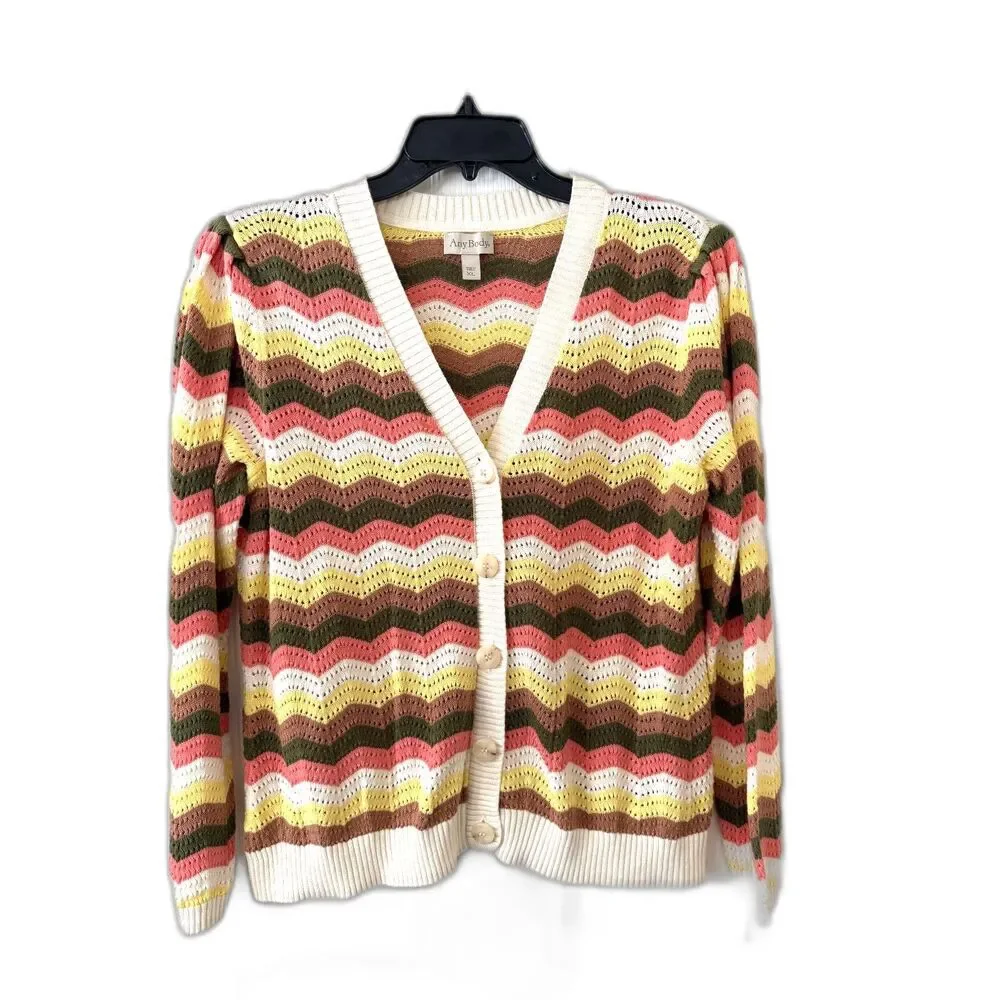 AnyBody Chevron Pointelle Knit Puff‎ Sleeve Cardigan - Size XL